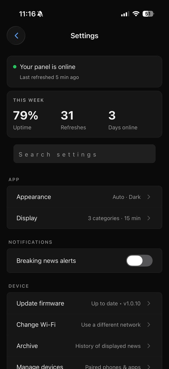 A phone screenshot of the dark companion app Settings screen: a green Your panel is online banner, weekly Uptime, Refreshes and Days-online stats, Appearance and Display rows, and an Update-firmware row.