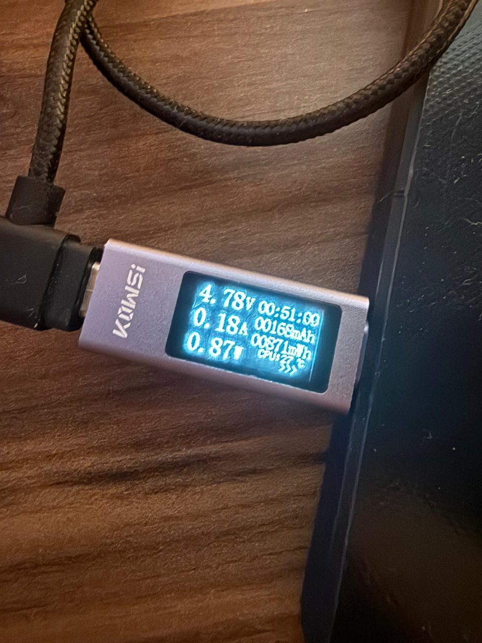 A USB power meter inline on the panel's cable, reading about 4.78 volts and 0.18 amps.